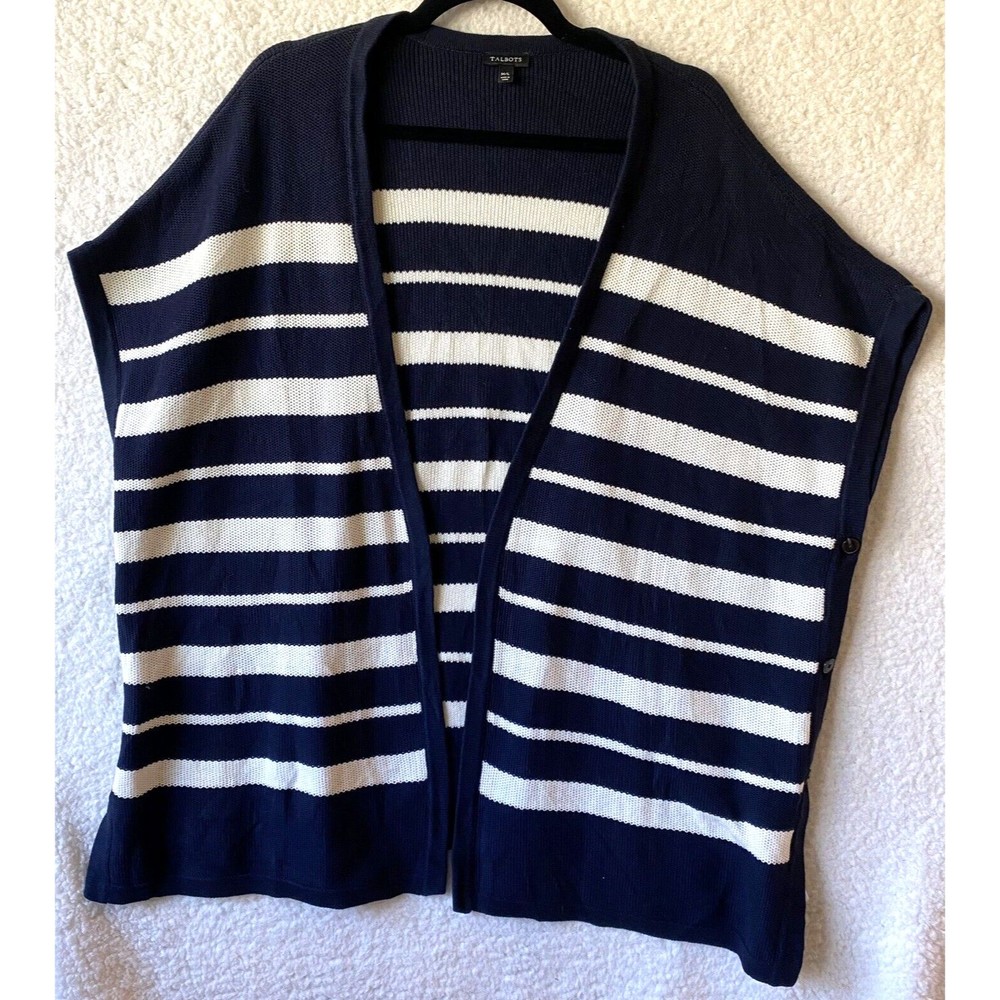 Talbots Striped Cardigan Sweater Womens M/L Navy Blue White Sideโ Button Poncho